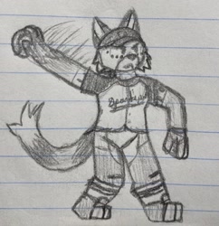Size: 2154x2221 | Tagged: safe, artist:nyan-tiger, canine, fox, mammal, anthro, baseball, male, pencil drawing, solo, solo male, traditional art