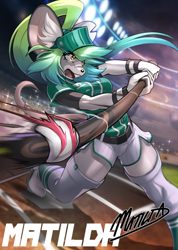 Size: 1564x2200 | Tagged: safe, artist:dansyron, oc, oc:matilda, mammal, mouse, rodent, anthro, ball, baseball, baseball (ball), baseball bat, baseball uniform, character name, female, home plate, open mouth, solo, solo female, stadium, text