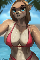 Size: 872x1280 | Tagged: safe, artist:ratatooey, oc, oc only, mammal, mustelid, otter, anthro, 2022, absolute cleavage, beach, belly button, bikini, black nose, blue eyes, breasts, cleavage, clothes, cloud, detailed background, digital art, ears, eyelashes, female, fur, hair, huge breasts, looking at you, nudity, ocean, palm tree, partial nudity, plant, sky, solo, solo female, swimsuit, thighs, tree, water, wide hips