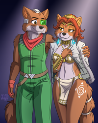 Size: 1024x1280 | Tagged: safe, artist:heresyart, maid marian (robin hood), robin hood (robin hood), canine, fox, mammal, anthro, disney, nintendo, robin hood (disney), star fox, 2019, accessories, anthro/anthro, bandanna, bedroom eyes, belly button, bikini, bikini top, black nose, breasts, chest fluff, choker, clothes, cosplay, digital art, duo, ears, eyelashes, female, fluff, fur, hair, jacket, jewelry, loincloth, male, male/female, necklace, romantic couple, shoulder fluff, simple background, smiling, suit, swimsuit, tail, thighs, topwear, tribal markings, vixen, wide hips