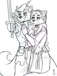 Size: 1080x1440 | Tagged: safe, artist:heresyart, maid marian (robin hood), robin hood (robin hood), canine, fox, mammal, anthro, disney, robin hood (disney), 2018, anthro/anthro, bedroom eyes, black nose, bottomwear, breasts, canon ship, clothes, couple, digital art, dress, duo, ears, eyelashes, female, fluff, fur, hair, hat, headwear, male, male/female, monochrome, pants, romantic couple, shipping, shirt, shoulder fluff, simple background, sword, tail, thighs, topwear, vixen, weapon, white background, wide hips