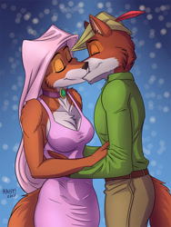 Size: 1080x1440 | Tagged: safe, artist:heresyart, maid marian (robin hood), robin hood (robin hood), canine, fox, mammal, anthro, disney, robin hood (disney), 2017, accessories, anthro/anthro, bedroom eyes, black nose, bottomwear, breasts, butt, canon ship, chest fluff, choker, clothes, couple, digital art, dress, duo, duo male and female, ears, eyelashes, eyes closed, female, fluff, fur, hair, hat, headwear, holiday, jewelry, kissing, male, male/female, new year, pants, rear view, romantic couple, shipping, shirt, shoulder fluff, side view, simple background, smiling, tail, thighs, topwear, vixen, wide hips