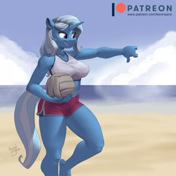 Size: 900x900 | Tagged: suggestive, artist:kevinsano, trixie (mlp), equine, fictional species, mammal, pony, unicorn, anthro, unguligrade anthro, friendship is magic, hasbro, my little pony, 2022, ball, beach, bedroom eyes, belly button, bottomwear, breasts, clothes, cloud, detailed background, digital art, ears, eyelashes, female, fur, hair, hooves, horn, nipple outline, ocean, sand, shorts, sky, solo, solo female, sports bra, sports shorts, tail, teasing, thighs, thumbs down, topwear, volleyball, water, wide hips