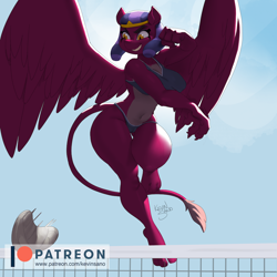 Size: 900x900 | Tagged: suggestive, artist:kevinsano, sphinx (mlp), feline, fictional species, mammal, sphinx, anthro, digitigrade anthro, friendship is magic, hasbro, my little pony, 2022, ball, beach, belly button, bikini, breasts, clothes, cloud, detailed background, digital art, ears, eyelashes, feathered wings, feathers, female, flying, fur, hair, nipple outline, sky, smiling, solo, solo female, spread wings, swimsuit, tail, thighs, volleyball, volleyball net, wide hips, wings