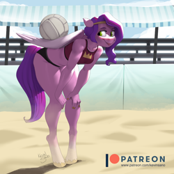 Size: 900x900 | Tagged: suggestive, artist:kevinsano, pipp petals (mlp), equine, fictional species, mammal, pegasus, pony, anthro, unguligrade anthro, hasbro, my little pony, my little pony g5, spoiler:my little pony g5, 2022, ball, beach, belly button, bent over, blep, bottomwear, breasts, clothes, cloud, detailed background, digital art, ears, eyelashes, female, fur, hair, hooves, looking back, nipple outline, sand, shorts, sky, solo, solo female, sports bra, sports shorts, tail, thighs, tongue, tongue out, topwear, volleyball, volleyball net, wide hips