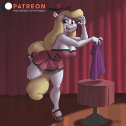 Size: 900x900 | Tagged: safe, artist:kevinsano, minerva mink (animaniacs), mammal, mink, mustelid, anthro, plantigrade anthro, animaniacs, warner brothers, 2022, bedroom eyes, bent over, blanket, breasts, clothes, detailed background, digital art, dress, ears, eyelashes, female, fur, hair, hat, headwear, high heels, magician, open mouth, pink nose, pose, shoes, solo, solo female, stage, table, tail, thighs, tongue, wide hips