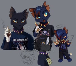 Size: 1641x1430 | Tagged: safe, alternate version, artist:geedevotee, artist:xxlunawarriorxx, scourge (warrior cats), cat, feline, mammal, anthro, my chemical romance, three cheers for sweet revenge, warrior cats, 2022, black body, black fur, black nose, black shirt, blue body, blue eyes, blue fur, chibi, cigarette, claws, collar, colored sclera, depeche mode, digital art, emo, fur, gray body, gray fur, hair, halo, male, multicolored hair, multiple images, nirvana, purple collar, red collar, red highlights, scar, sketch, solo, solo male, spiked collar, tan claws, tan sclera, tan teeth, tongue, tongue out, two toned hair, wings