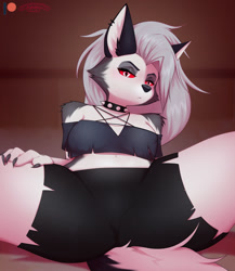 Size: 1111x1280 | Tagged: safe, artist:marshmallow-ears, loona (vivzmind), canine, fictional species, hellhound, mammal, anthro, hazbin hotel, helluva boss, 2022, big breasts, breasts, clothes, ear fluff, female, fluff, gray hair, hair, long hair, looking at you, solo, solo female, tail, tail fluff, thick thighs, thighs