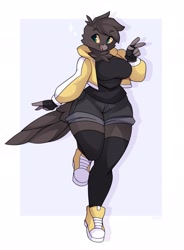 Size: 1511x2048 | Tagged: safe, artist:miikotorii, bird, anthro, big breasts, bottomwear, breasts, clothes, feathers, female, jacket, shoes, shorts, socks, solo, solo female, tail, tail feathers, thick thighs, thighs, topwear, wide hips