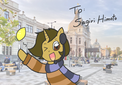 Size: 1280x885 | Tagged: safe, artist:foxy1219, oc, oc only, oc:sagiri himoto, equine, fictional species, mammal, pony, unicorn, hasbro, my little pony, brown coat, brown eyes, brown hair, brown mane, city, clothes, ears, ears up, food, fruit, gift art, green hair, green mane, hair, headphones, headwear, horn, irl, lemon, looking at you, lviv, mane, one eye closed, photo, photography, ponies in real life, scarf, smiling, smiling at you, solo, sweater, topwear, ukraine, waving, waving at you, winking
