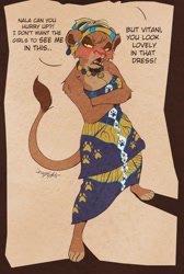 Size: 858x1280 | Tagged: safe, artist:scottyartz, vitani (the lion king), big cat, feline, lion, mammal, anthro, disney, the lion king, barefoot, bedroom eyes, big breasts, blushing, breasts, cleavage, crossed arms, cute, cute little fangs, fangs, feet, female, lioness, looking at you, looking up, looking up at you, open mouth, solo, solo female, teeth, toes