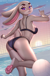 Size: 800x1200 | Tagged: suggestive, artist:turtlessoul, judy hopps (zootopia), lagomorph, mammal, rabbit, anthro, disney, zootopia, 2022, big butt, bikini, breasts, butt, cameltoe, clothes, ears, female, long ears, looking at you, looking back, looking back at you, short tail, solo, solo female, swimsuit, tail, thighs