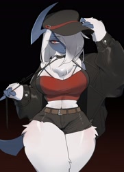 Size: 2964x4096 | Tagged: safe, artist:yuio, absol, fictional species, mammal, anthro, nintendo, pokémon, 2022, big breasts, breasts, clothes, crop top, female, hair, horn, leash, long hair, solo, solo female, tail, thick thighs, thighs, topwear, white hair