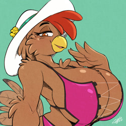 Size: 1280x1280 | Tagged: suggestive, artist:chalodillo, bird, chicken, galliform, anthro, bikini, breasts, clothes, feathered wings, feathers, female, green background, hat, headwear, hen, huge breasts, simple background, solo, solo female, swimsuit, tail, tail feathers, wings