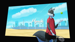 Size: 1280x731 | Tagged: safe, artist:hynik, oc, canine, mammal, wolf, anthro, grand theft auto, rockstar games, ball, beach, bottomwear, cityscape, clothes, fursona, gloves (arm marking), male, palm tree, plant, polo shirt, shorts, solo, solo male, style emulation, tennis ball, tennis racket, tongue, tongue out, tree