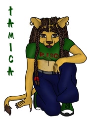 Size: 522x700 | Tagged: safe, artist:kat the leopardess, oc, oc:tamica, big cat, feline, lion, mammal, anthro, clothes, crop top, ear piercing, earring, female, jeans, kneeling, lioness, looking at you, midriff, on one knee, pants, piercing, simple background, solo, solo female, topwear