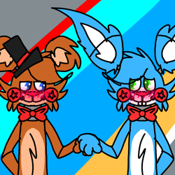 Size: 1280x1280 | Tagged: safe, artist:bluedeerfox14, toy bonnie (fnaf), toy freddy (fnaf), animatronic, bear, fictional species, lagomorph, mammal, rabbit, robot, anthro, series:augay, five nights at freddy's, blushing, bow, bow tie, buckteeth, clothes, interspecies, male, males only, shipping, teeth, top hat