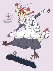 Size: 1200x1614 | Tagged: safe, alternate version, artist:shugowah, oc, oc:shugo, fictional species, yinglet, the out-of-placers, clothes, dress, midair, scarf, skateboard, skateboarding, solo