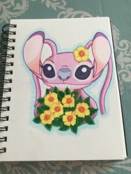 Size: 2448x3264 | Tagged: safe, artist:creative-dreamr, angel (lilo & stitch), alien, experiment (lilo & stitch), fictional species, disney, lilo & stitch, antennae, black eyes, eyelashes, flower, hibiscus, irl, long antennae, looking at you, photo, photographed artwork, pink body, plant, purple nose, solo, traditional art, watermark