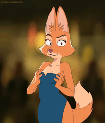 Size: 943x1100 | Tagged: suggestive, artist:bikomation, diane foxington (the bad guys), canine, fox, mammal, anthro, dreamworks animation, the bad guys, 2022, 2d, 2d animation, advertisement, animated, big breasts, black bra, bouncing breasts, bra, breasts, cleavage, clothes, cute, cute little fangs, digital art, dress, ears, eyelashes, facial piercing, fangs, female, flashing, frame by frame, fur, gif, looking at you, open mouth, open smile, piercing, pink nose, sharp teeth, smiling, smiling at you, solo, solo female, tail, tail wag, teeth, thick thighs, thighs, underwear, undressing, vixen, wide hips