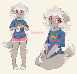 Size: 2403x2322 | Tagged: safe, artist:waspsalad, espurr, fictional species, anthro, nintendo, pokémon, blushing, bottomwear, clothes, cute, ears, fur, gray body, gray fur, male, paws, pink eyes, shirt, shorts, simple background, solo, solo male, tail, topwear