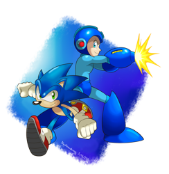 Size: 884x904 | Tagged: safe, artist:nextgrandcross, mega man (mega man), sonic the hedgehog (sonic), hedgehog, mammal, robot, anthro, humanoid, capcom, mega man (series), sega, sonic the hedgehog (series), blue eyes, boots, clothes, crossover, duo, duo male, gloves, green eyes, headwear, helmet, male, males only, quills, shoes, simple background, smiling, sneakers, suit, transparent background