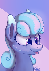 Size: 1400x2048 | Tagged: safe, artist:meater6, oc, oc only, oc:sapphire lollipop, earth pony, equine, fictional species, mammal, pony, feral, hasbro, my little pony, 2022, abstract background, blep, blue body, blue fur, bust, eyelashes, female, freckles, fur, hair, mane, portrait, signature, smiling, solo, solo female, tongue, tongue out