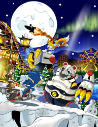 Size: 786x1017 | Tagged: safe, artist:nextgrandcross, metal sonic (sonic), miles "tails" prower (sonic), sonic the hedgehog (sonic), canine, fox, hedgehog, mammal, red fox, robot, anthro, sega, sonic the hedgehog (series), 2012, aurora borealis, blue body, blue fur, ferris wheel, full moon, fur, group, male, moon, multiple tails, night, night sky, roller coaster, silhouette, sky, sneakers, snow, snowman, stars, sweat, sweatdrop, tail, trio, two tails, white park zone, yellow body, yellow fur