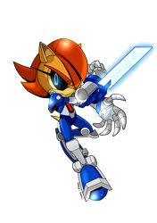 Size: 750x1066 | Tagged: safe, artist:nextgrandcross, princess sally acorn (sonic), chipmunk, mammal, robot, rodent, archie sonic the hedgehog, sega, sonic the hedgehog (series), 2012, blade, blue eyes, female, mecha sally (sonic), roboticization, simple background, tail, transparent background, weapon