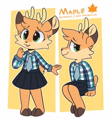 Size: 1850x2048 | Tagged: safe, artist:jayrnski, oc, oc only, oc:maple (jayrnski), cervid, deer, mammal, reindeer, anthro, plantigrade anthro, 2021, abstract background, antlers, border, bottomwear, clothes, cute, eyelashes, freckles, fur, green eyes, hands, heart, multicolored fur, necktie, nonbinary, open mouth, plaid, plaid shirt, reference sheet, shy, sitting, skirt, smiling, solo, solo nonbinary, tail, topwear, two toned body, two toned fur, white border