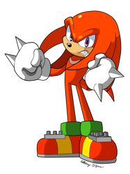 Size: 773x1033 | Tagged: safe, artist:nextgrandcross, knuckles the echidna (sonic), echidna, mammal, monotreme, anthro, sega, sonic the hedgehog (series), 2012, angry, clothes, fist, fur, gloves, gritted teeth, looking at you, male, purple eyes, red body, red fur, sharp teeth, shoes, simple background, solo, solo male, teeth, transparent background