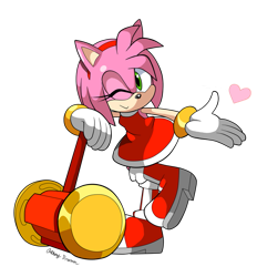 Size: 861x928 | Tagged: safe, artist:nextgrandcross, amy rose (sonic), hedgehog, mammal, anthro, sega, sonic the hedgehog (series), 2012, boots, clothes, dress, female, fur, gloves, green eyes, hair, hairband, heart, one eye closed, piko piko hammer, pink body, pink fur, shoes, solo, solo female, white gloves, winking