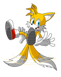 Size: 796x1004 | Tagged: safe, artist:nextgrandcross, miles "tails" prower (sonic), canine, fox, mammal, red fox, anthro, sega, sonic the hedgehog (series), 2012, blue eyes, cheek fluff, floating, fluff, fur, happy, looking at you, male, multiple tails, sneakers, solo, solo male, tail, two tails, yellow body, yellow fur