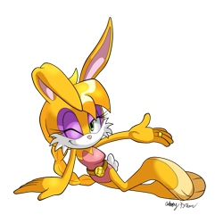 Size: 877x911 | Tagged: safe, artist:nextgrandcross, bunnie rabbot (sonic), lagomorph, mammal, rabbit, anthro, archie sonic the hedgehog, sega, sonic the hedgehog (series), 2012, 3 toes, belt, cheek fluff, clothes, eyelashes, female, fluff, green eyes, looking at you, one eye closed, paws, simple background, smiling, solo, solo female, tail, tail fluff, transparent background, wedding ring, winking