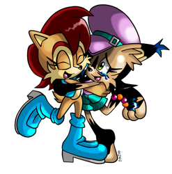 Size: 889x899 | Tagged: safe, artist:nextgrandcross, nicole the holo-lynx (sonic), princess sally acorn (sonic), chipmunk, feline, lynx, mammal, rodent, anthro, archie sonic the hedgehog, sega, sonic the hedgehog (series), 2011, 3 toes, black hair, boots, bottomwear, brown body, brown fur, cheek fluff, clothes, duo, eyelashes, eyes closed, female, fluff, fur, green eyes, hair, happy, hat, headwear, hug, jacket, multicolored fur, paws, red hair, shoes, shorts, simple background, tail, tears, tears of joy, topwear, transparent background, two toned body, two toned fur