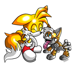 Size: 900x845 | Tagged: safe, artist:nextgrandcross, miles "tails" prower (sonic), canine, fictional species, fox, mammal, red fox, robot, archie sonic the hedgehog, sega, sonic the hedgehog (series), 2011, cheek fluff, eyes closed, fluff, fur, male, multiple tails, robot dog, simple background, sneakers, t-pup (sonic), tail, tail wag, tongue, tongue out, transparent background, two tails, yellow body, yellow fur