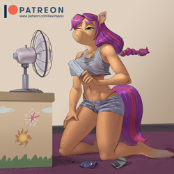 Size: 900x900 | Tagged: suggestive, artist:kevinsano, sunny starscout (mlp), earth pony, equine, fictional species, mammal, pony, anthro, unguligrade anthro, hasbro, my little pony, my little pony g5, spoiler:my little pony g5, 2022, bedroom eyes, belly button, bottomwear, breasts, clothes, detailed background, digital art, ears, eyelashes, fan, female, food, fur, hair, hooves, hot, kneeling, nipple outline, one eye closed, panties, popsicle, shorts, solo, solo female, sweat, tail, tank top, thighs, topwear, underwear, wide hips