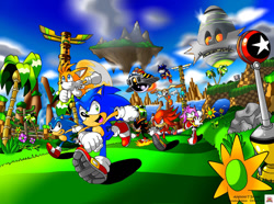 Size: 1036x772 | Tagged: safe, artist:nextgrandcross, amy rose (sonic), cheese (sonic), classic sonic, cream the rabbit (sonic), doctor eggman (sonic), knuckles the echidna (sonic), metal sonic (sonic), miles "tails" prower (sonic), sonic the hedgehog (sonic), canine, chao, echidna, fictional species, fox, hedgehog, human, lagomorph, mammal, monotreme, rabbit, red fox, robot, anthro, sega, sonic the hedgehog (series), 2011, angel island (sonic), black body, black eyes, black fur, blue body, blue eyes, blue fur, boots, clothes, eyelashes, female, floating island, flower, fur, green eyes, male, pink body, pink fur, plant, red body, red eyes, red fur, running, shoes, sneakers