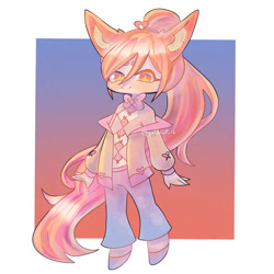Size: 1280x1280 | Tagged: safe, artist:muffymafioznik, canine, fox, mammal, anthro, bottomwear, clothes, colored pupils, female, hair, long hair, orange eyes, pants, shoes, signature, solo, solo female, topwear