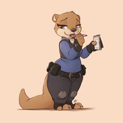 Size: 2500x2500 | Tagged: safe, artist:louart, mammal, mustelid, otter, anthro, disney, zootopia, 2022, big tail, blue eyes, clothes, eyelashes, female, hand hold, holding, notepad, pen, police uniform, signature, solo, solo female, tail, thick thighs, thighs, whiskers, wide hips