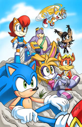 Size: 719x1112 | Tagged: safe, artist:chibi-jen-hen, antoine d'coolette (sonic), miles "tails" prower (sonic), nicole the holo-lynx (sonic), princess sally acorn (sonic), rotor the walrus (sonic), sonic the hedgehog (sonic), canine, chipmunk, coyote, feline, fox, hedgehog, lagomorph, lynx, mammal, rabbit, red fox, rodent, walrus, anthro, archie sonic the hedgehog, sega, sonic the hedgehog (series), 2015, cheek fluff, clothes, eyes closed, female, fluff, freedom fighters (sonic), gloves, male, robotic limbs, smiling