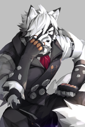 Size: 2000x3000 | Tagged: safe, artist:shabi96522, von lycaon (zzz), canine, mammal, wolf, anthro, 5 fingers, bottomwear, butler, clothes, high res, male, pants, solo, solo male, topwear, video game, zenless zone zero