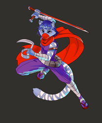 Size: 2000x2400 | Tagged: safe, artist:furrawin, oc, oc only, big cat, feline, mammal, snow leopard, anthro, 2022, blue hair, clothes, commission, ears, face mask, fur, hair, sandals, shoes, solo, strider hiryu, tail, weapon