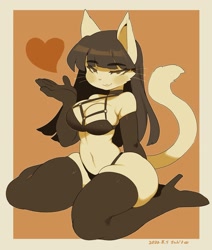 Size: 1665x1959 | Tagged: suggestive, artist:kaeritai07, cat, feline, mammal, anthro, bra, breasts, clothes, female, legwear, panties, solo, solo female, stockings, tail, thick thighs, thighs, underwear, wide hips