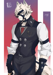 Size: 2224x3184 | Tagged: safe, artist:etrangerfloyd, von lycaon (zzz), canine, mammal, wolf, anthro, 2022, bottomwear, butler, clothes, fur, high res, male, one eye obstructed, pants, solo, solo male, topwear, video game, white body, white fur, zenless zone zero