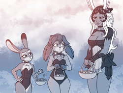 Size: 1440x1080 | Tagged: safe, artist:heresyart, fran (final fantasy), judy hopps (zootopia), lop (star wars: visions), animal humanoid, fictional species, lagomorph, mammal, rabbit, viera, anthro, humanoid, disney, star wars, star wars: visions, zootopia, 2022, basket, bow, bow tie, breasts, bunny suit, clothes, container, easter basket, group, leotard, lepi, monochrome, trio