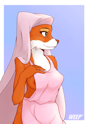 Size: 500x700 | Tagged: suggestive, artist:weepinbelly, maid marian (robin hood), canine, fox, mammal, anthro, disney, robin hood (disney), 2017, apron, bedroom eyes, belly button, black nose, breasts, cheek fluff, clothes, digital art, ears, eyelashes, female, fluff, hair, headdress, naked apron, nipple slip, nudity, partial nudity, pose, simple background, solo, solo female, tail, thighs, vixen, wardrobe malfunction, wide hips