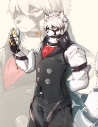 Size: 1579x2048 | Tagged: safe, artist:hoshimi_l2, von lycaon (zzz), canine, mammal, wolf, anthro, big tail, butler, clothes, fur, hand behind back, harness, high res, male, solo, solo male, stopwatch, tack, tail, topwear, watermark, white body, white fur, zenless zone zero, zoom layer