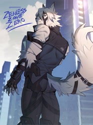 Size: 2018x2707 | Tagged: safe, artist:mmorroxzks, von lycaon (zzz), canine, mammal, wolf, anthro, big tail, bottomwear, butler, butt, city, clothes, fur, harness, high res, male, pants, solo, solo male, tack, tail, title, topwear, white body, white fur, zenless zone zero