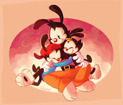 Size: 1280x1101 | Tagged: safe, artist:anouckyshim, dot warner (animaniacs), wakko warner (animaniacs), yakko warner (animaniacs), animaniac (species), fictional species, anthro, animaniacs, warner brothers, 2020, brother, brother and sister, brothers, cute, eyes closed, female, group, hug, male, siblings, sister, smiling, trio